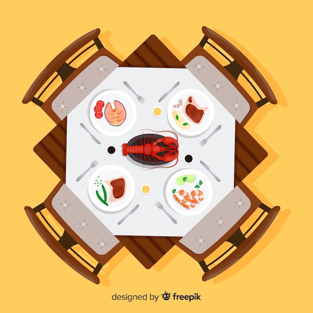 Vector gratuito vista aérea de mesa de restaurante con diseño plano