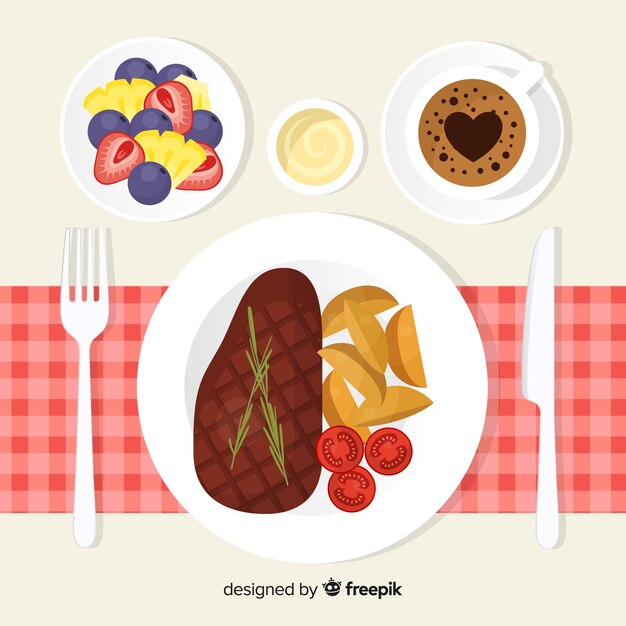 Vista aérea de mesa de restaurante con diseño plano