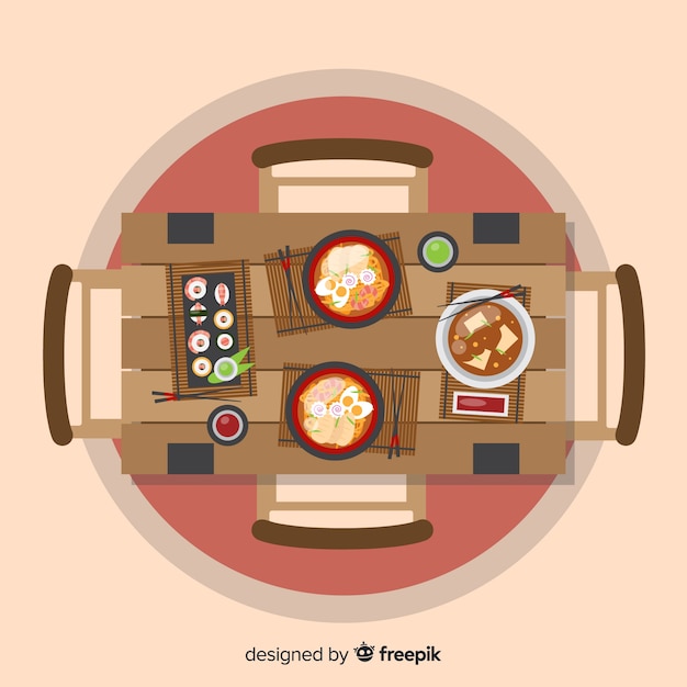 Vector gratuito vista aérea de mesa de restaurante con diseño plano