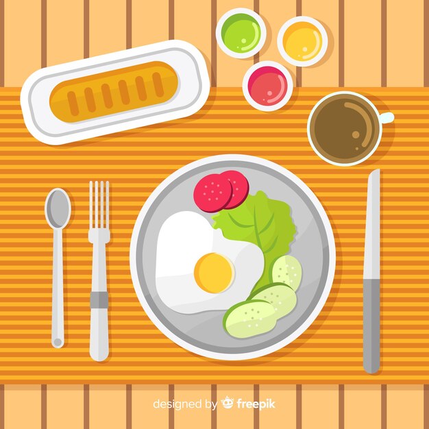 Vista aérea de mesa de restaurante con diseño plano