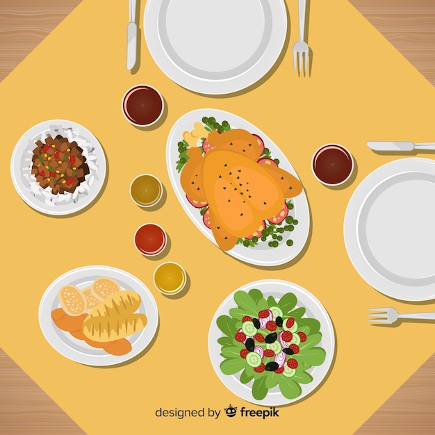 Vista aérea de mesa de restaurante elegante con diseño plano