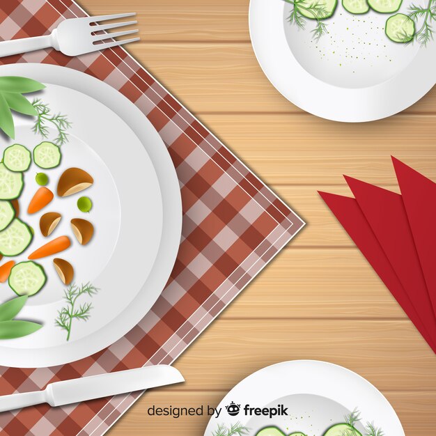 Vista aérea de mesa de restaurante elegante con diseño realista