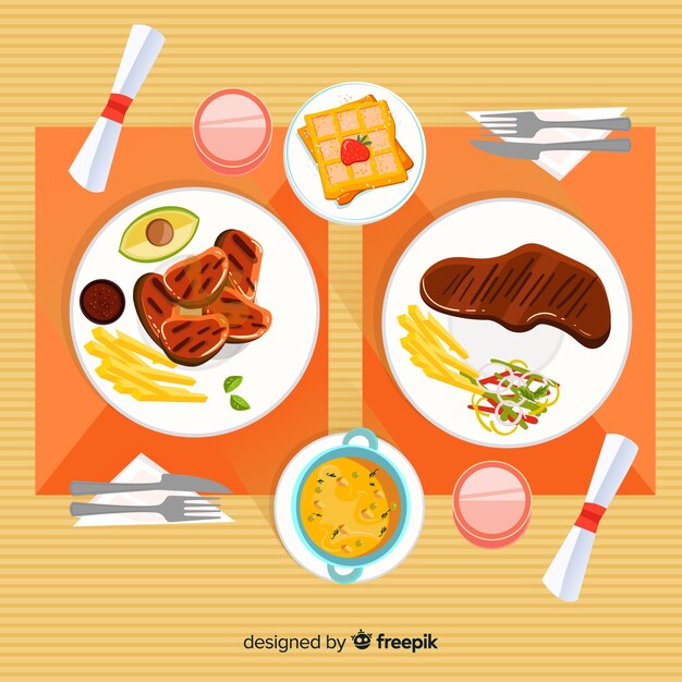 Vista aérea de mesa de restaurante moderno con diseño plano