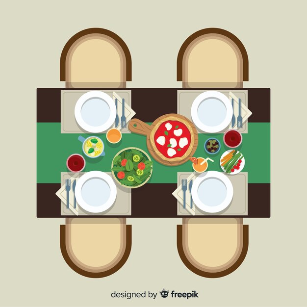 Vista aérea de mesa de restaurante moderno con diseño plano
