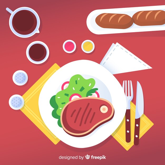 Vista aérea de mesa de restaurante moderno con diseño plano