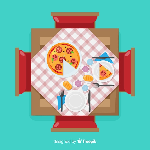 Vector gratuito vista aérea de mesa de restaurante moderno con diseño plano