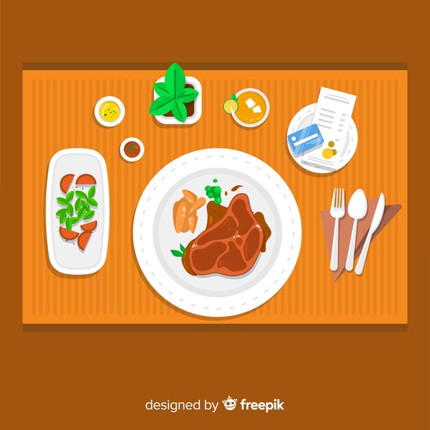 Vista aérea de mesa de restaurante moderno con diseño plano