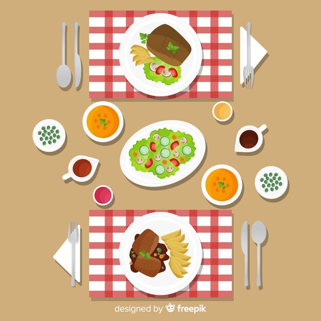 Vista aérea de mesa de restaurante moderno con diseño plano