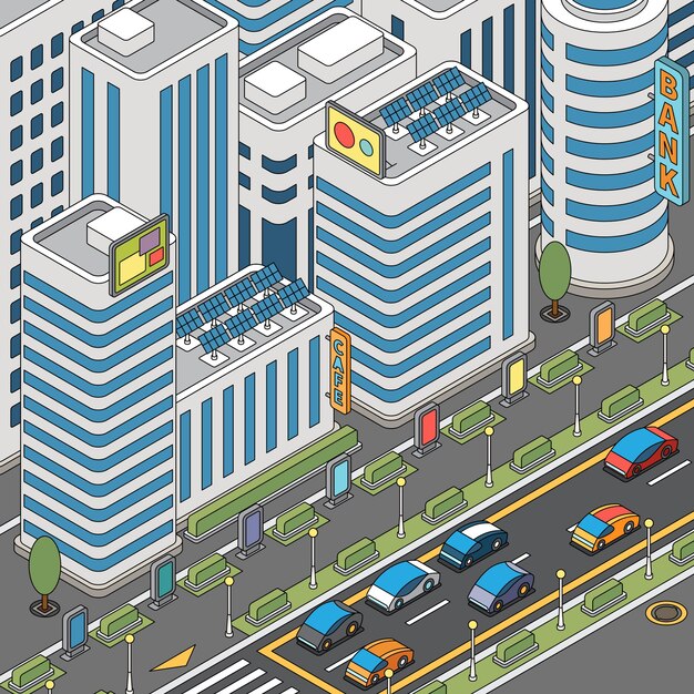 vista de la ciudad moderna con coches en movimiento y edificios altos ilustración