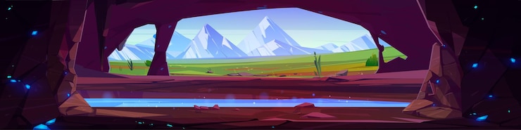 Vector gratuito vista desde la cueva en la montaña con paisaje paisaje