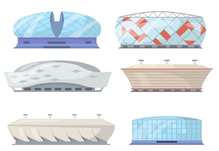 Vector gratuito vista frontal del conjunto plano de estadios deportivos.
