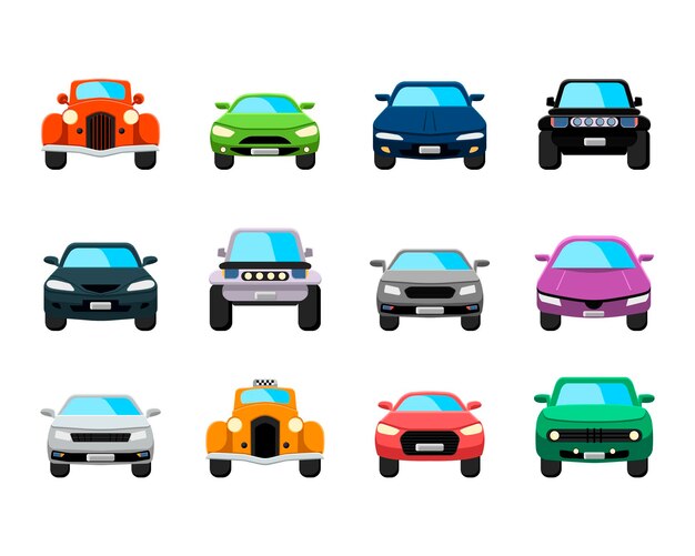 Vista frontal de diferentes tipos de ilustraciones vectoriales de coches. Colección de coches: taxi, policía, vintage, moderno aislado sobre fondo blanco. Transporte, transporte, concepto de viaje.