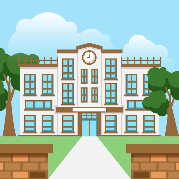 Vista frontal de la escuela japonesa de diseño plano