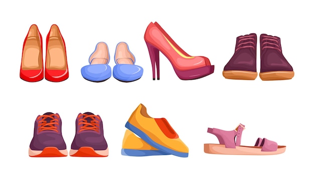 Vista frontal y lateral del conjunto de ilustraciones vectoriales de zapatos femeninos