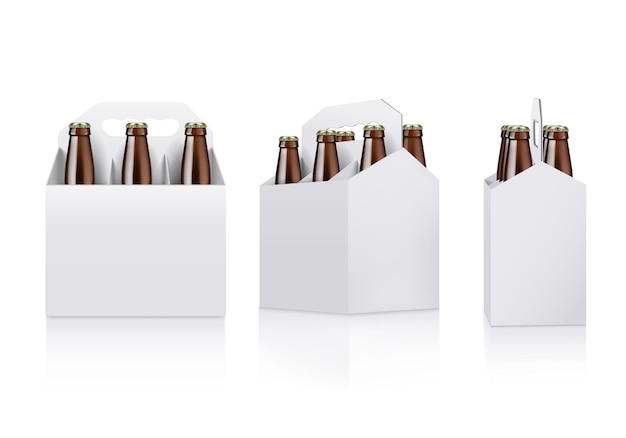 Vista frontal y lateral realista del paquete de caja blanca para seis botellas con mango aislado ilustración vectorial