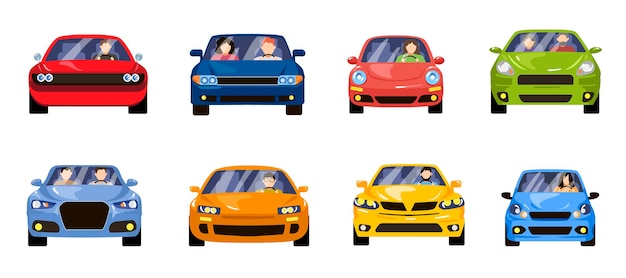 Vector gratuito vista frontal de personas que conducen coches conjunto de ilustraciones vectoriales de dibujos animados. colección de conductores femeninos y masculinos solos y con pasajeros en autos de diferentes colores. viajes, entrega, concepto de tráfico.