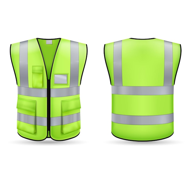 Vector gratuito vista frontal y posterior de la maqueta de chaleco verde con rayas reflectantes y bolsillos aislados en ilustración vectorial realista de fondo blanco