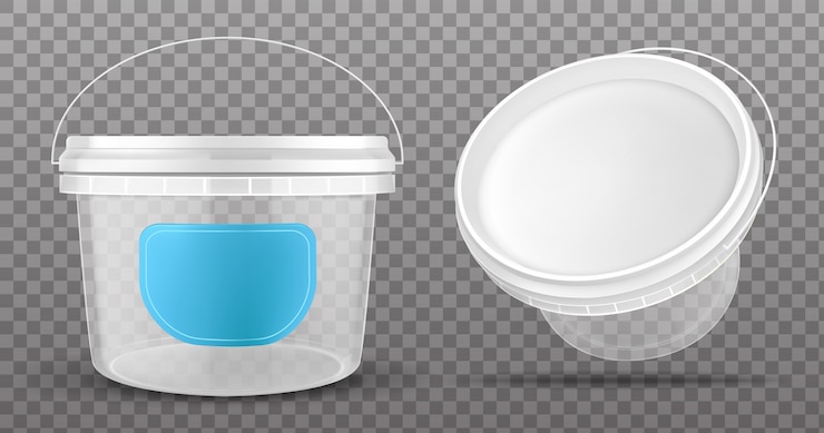 Vector gratuito vista frontal y superior del cubo de plástico transparente