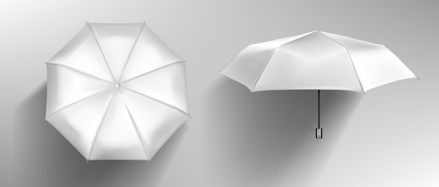 Vista frontal y superior del paraguas blanco. Maqueta realista vector de sombrilla en blanco con mango de madera