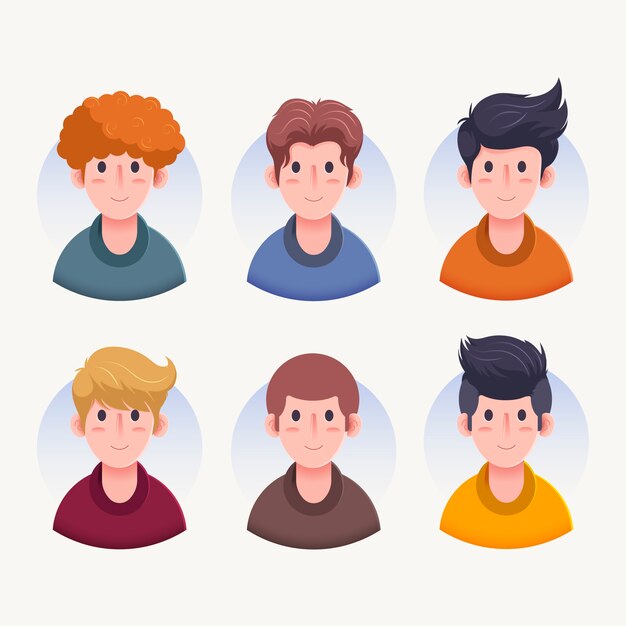 Vista frontal de varios avatares de personajes de hombres