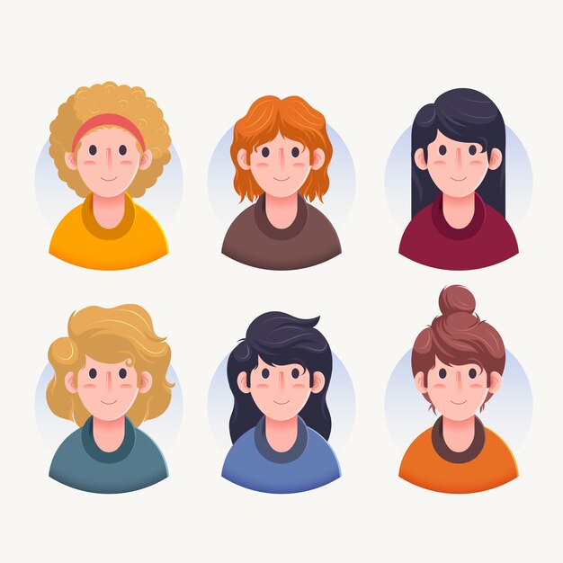 Vista frontal de varios avatares de personajes de mujeres