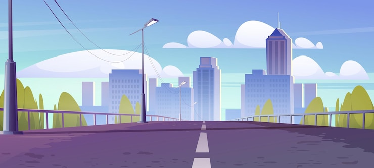 Vector gratuito vista del horizonte de la ciudad desde el paisaje urbano de la metrópolis del puente farolas y barandillas a lo largo de la carretera de dos carriles edificios de rascacielos arquitectura urbana torres de la casa bajo el cielo nublado ilustración vectorial de dibujos animados