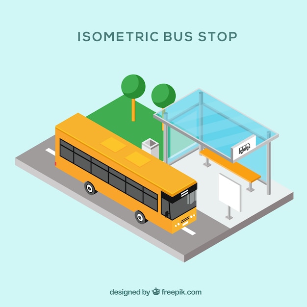 Vista isométrica de autobús y parada de autobús con diseño plano