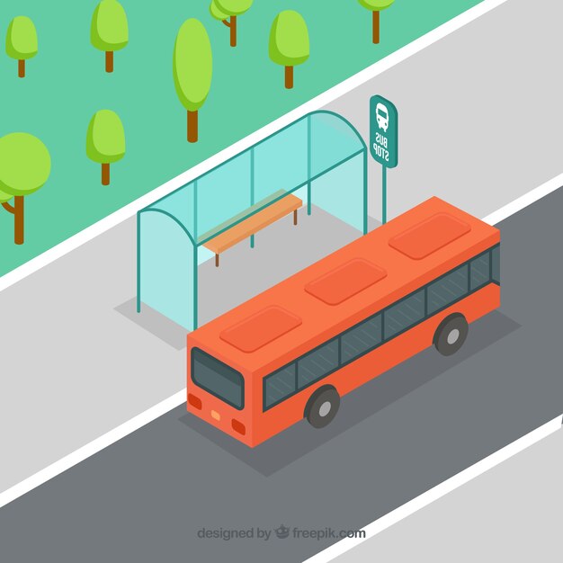 Vista isométrica de autobús y parada de autobús con diseño plano