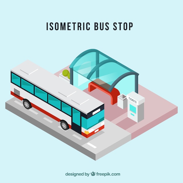 Vista isométrica de autobús y parada de autobús con diseño plano