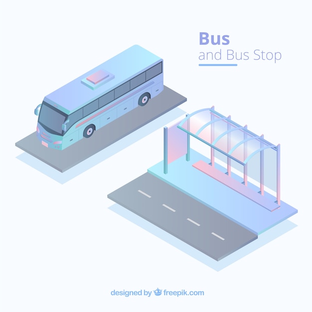 Vista isométrica de autobús y parada de autobús