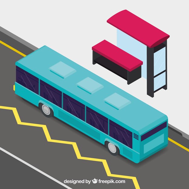 Vista isométrica de autobús y parada de autobús