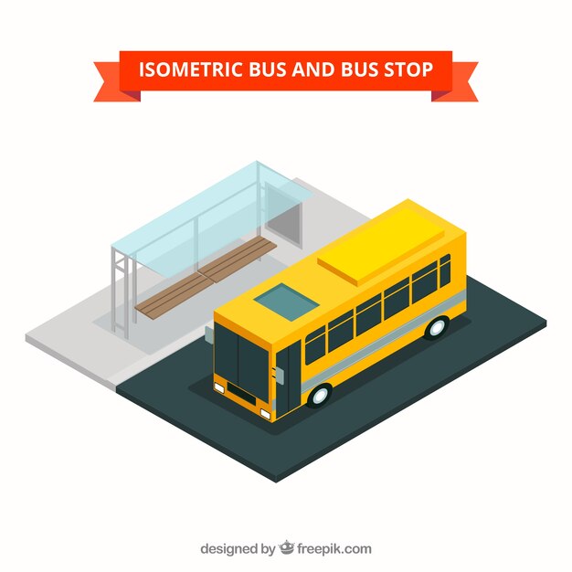 Vista isométrica de autobús y parada de autobús