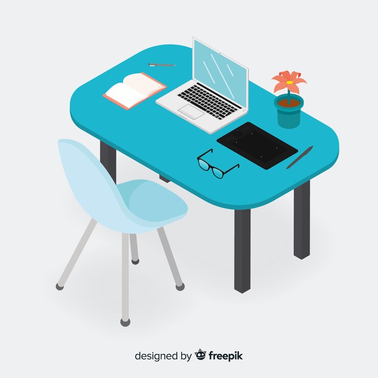 Vector gratuito vista isométrica de un escritorio de oficina moderno