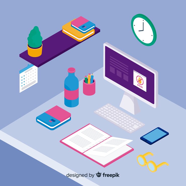 Vector gratuito vista isométrica de un escritorio de oficina moderno