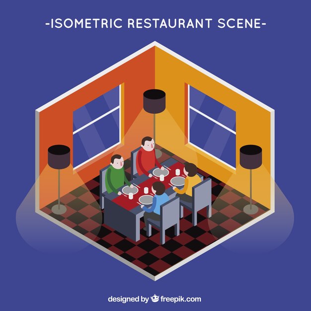 Vista isométrica, gente cenando en un restaurante 