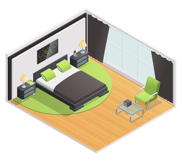 Vista isométrica interior del dormitorio.