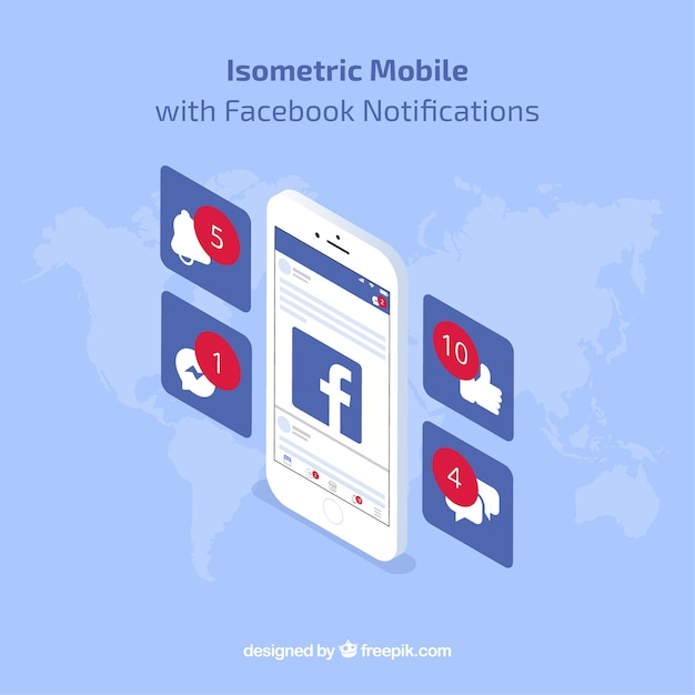 Vista isométrica de móvil con notificaciones de facebook