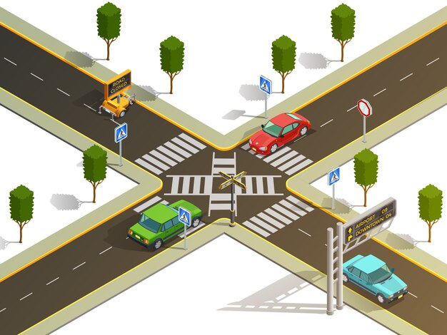 Vista isométrica de la navegación del tráfico de la intersección de la ciudad