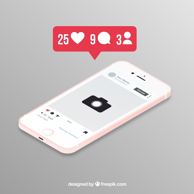 Vista isométrica de teléfono móvil con publicación de instagram