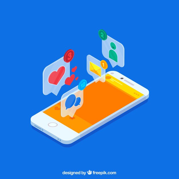 Vista isométrica de teléfono móvil con publicación de instagram