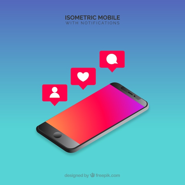 Vector gratuito vista isométrica de teléfono móvil con publicación de instagram