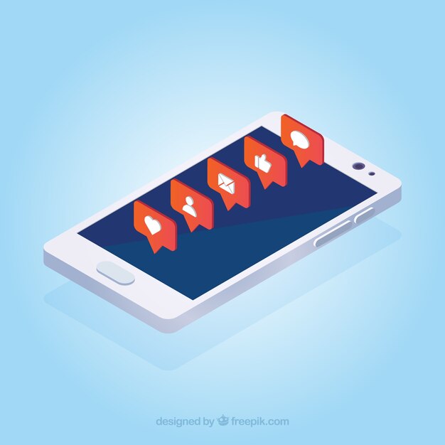 Vista isométrica de teléfono móvil con publicación de instagram