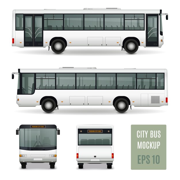 Vista de lado de plantilla de publicidad realista de autobús de ciudad moderna delantera y trasera sobre fondo blanco aislado ilustración vectorial