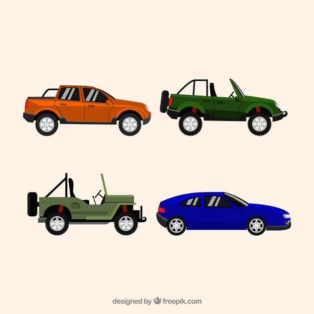 Vista lateral de cuatro coches diferentes flat