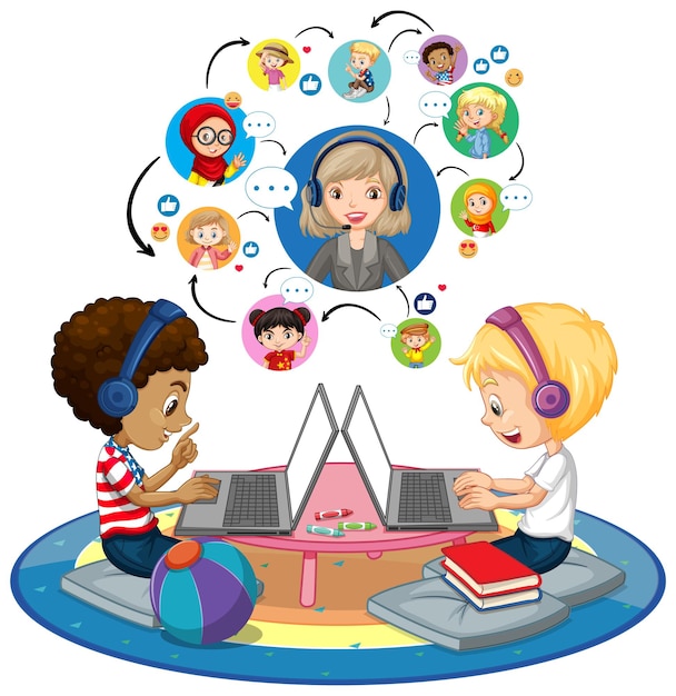 Vector gratuito vista lateral de niños usando laptop para comunicarse por videoconferencia con maestros y amigos en blanco