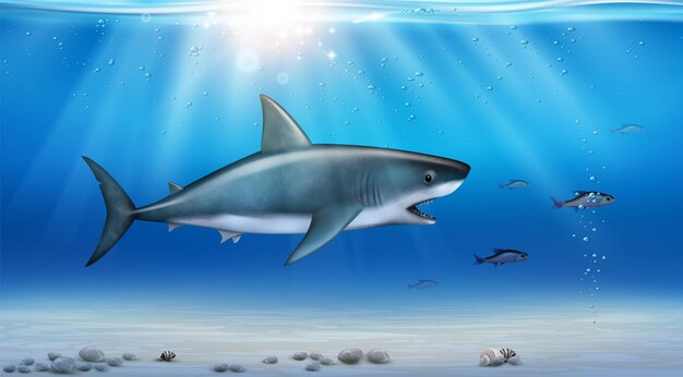 Vista lateral realista del tiburón de caza con la boca abierta bajo la ilustración de vector de agua