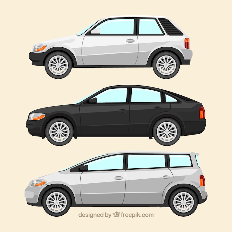 Vector gratuito vista lateral de tres coches realistas de diferentes tipos
