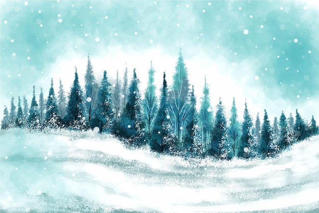 Vista de la mañana del fondo de la tarjeta de año nuevo del árbol de navidad del paisaje del bosque de montaña