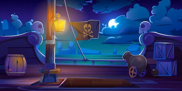 Vista nocturna a bordo de la cubierta del barco pirata, bote de madera con cañón, linterna luminosa, barriles de madera, entrada de bodega, mástil con cuerdas y bandera jolly roger, caricatura