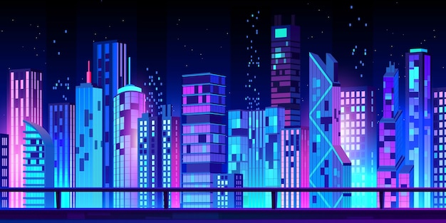 Vista nocturna del paisaje de la ciudad de dibujos animados